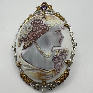 925 sterling silver genuine carved tiger shell cameo amethyst topaz necklace